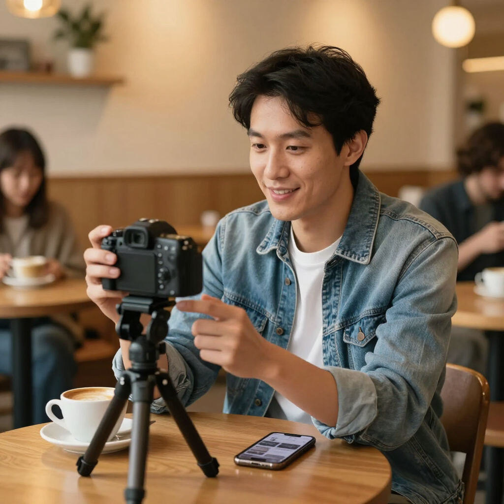 Man smiling while adjusting a camera on a tripod at a café table, with a phone beside him.