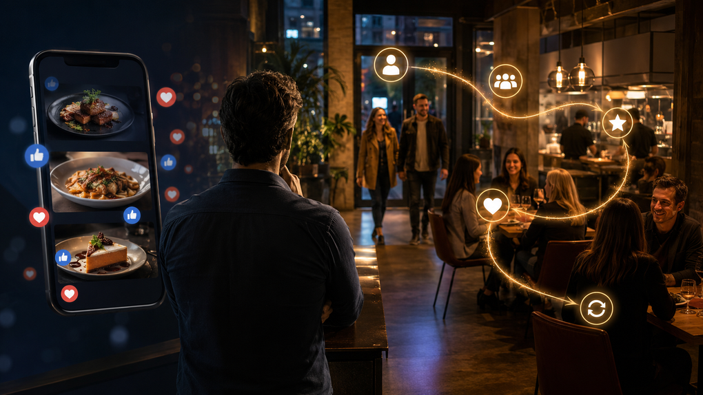 Night street scene with people socializing under warm glowing lights, viewed from behind a man at center.