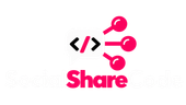 “Share” icon with pink connection nodes and code brackets above the word “Share”