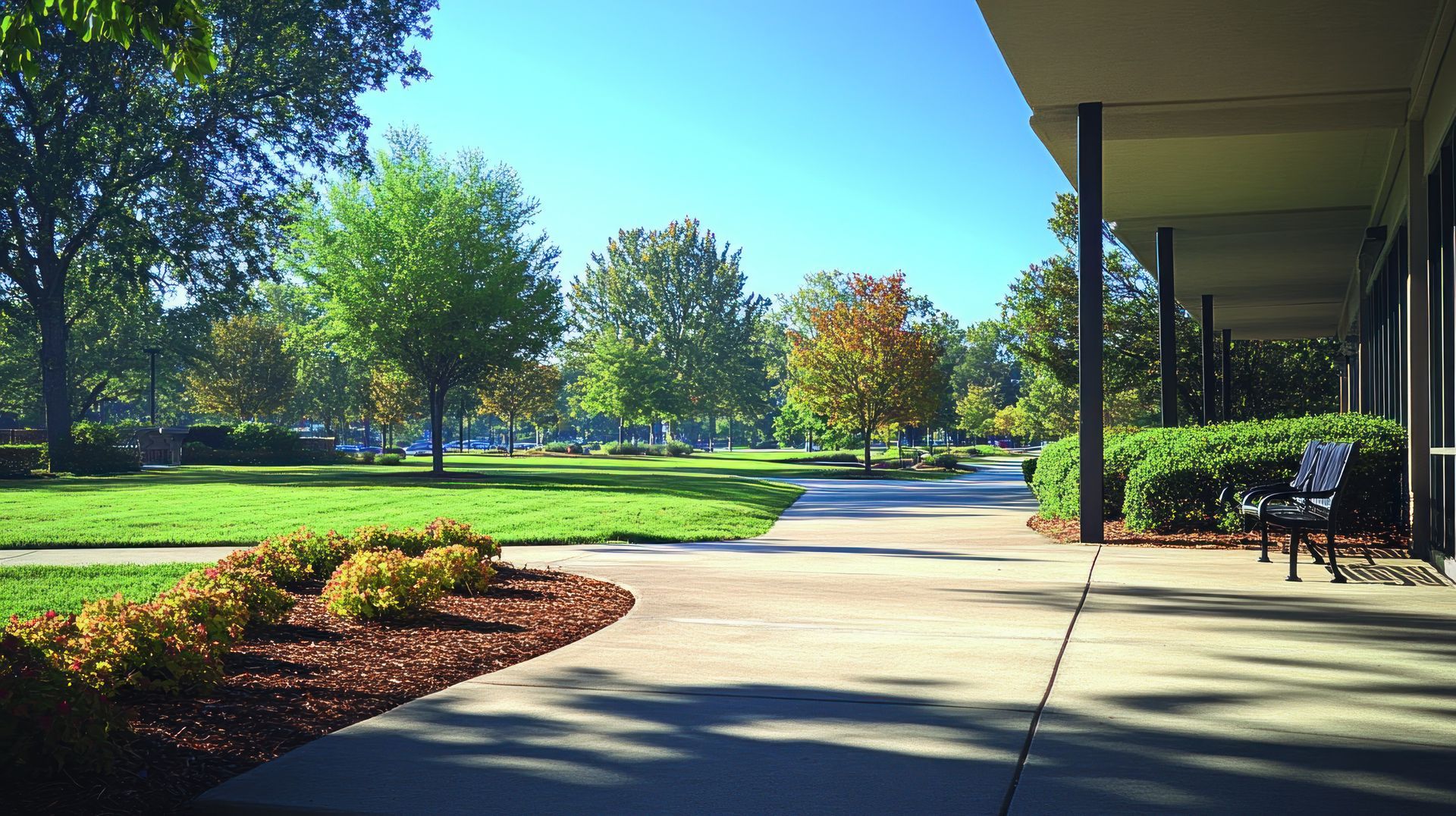 Sunny park walkway beside a building, with green lawn, trees, and shrubs.