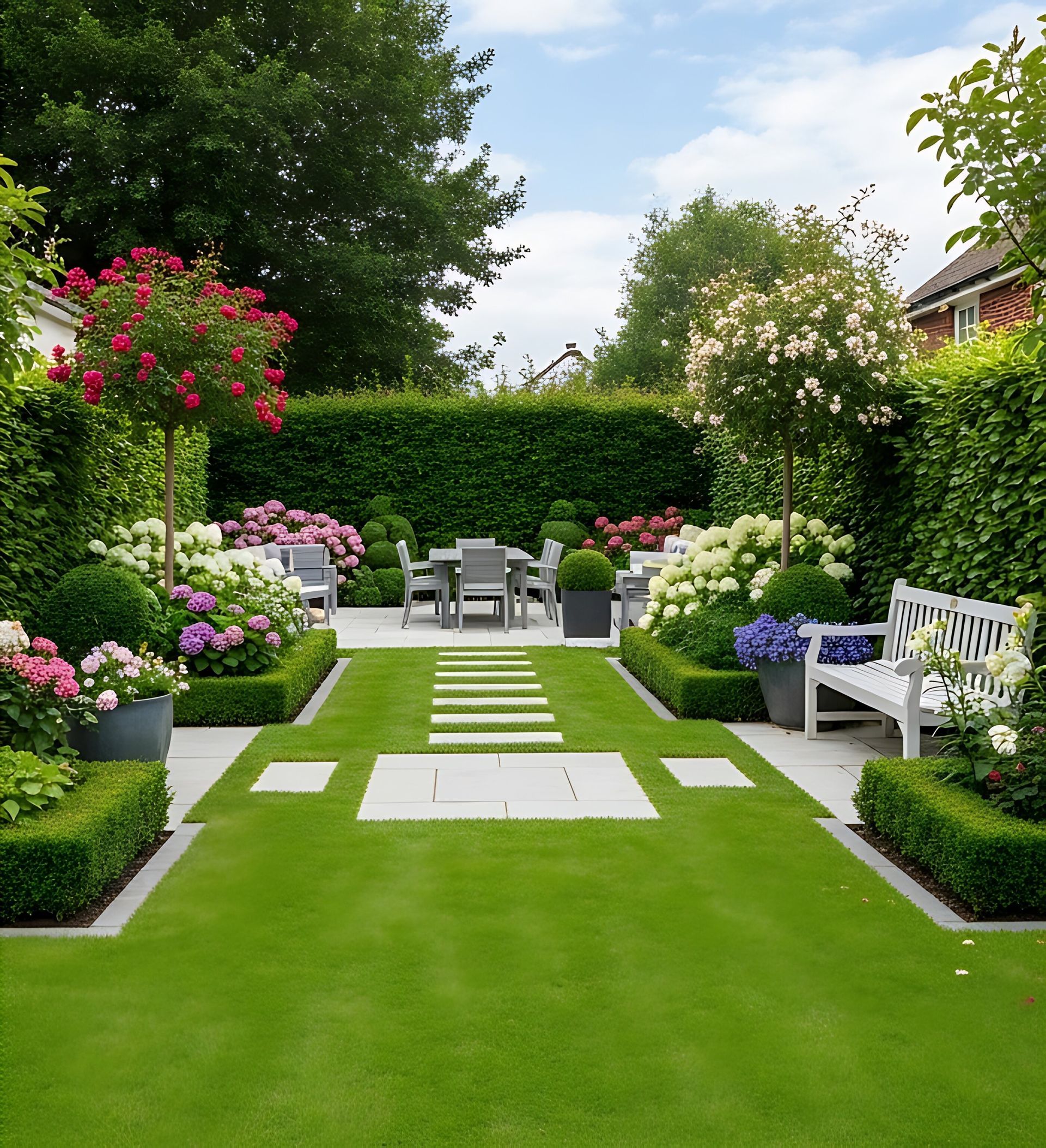 Manicured garden with bright green lawn, white benches, flower beds, and a stone path leading to patio seating