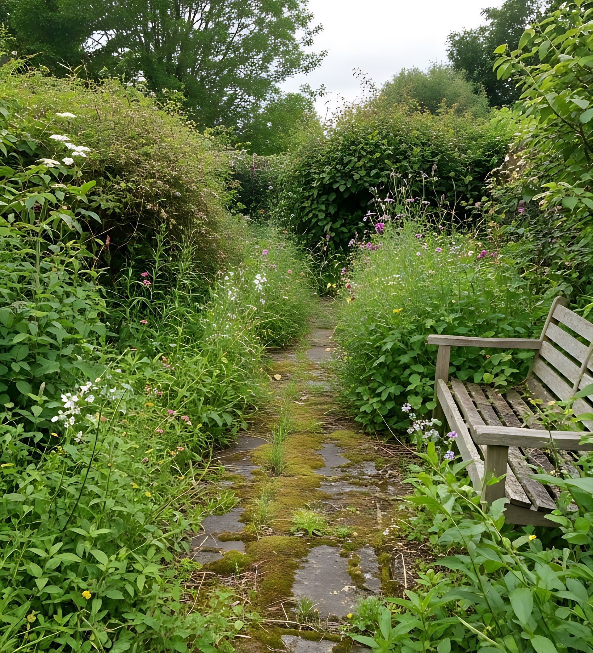 Overgrown garden path with wildflowers and a wooden bench