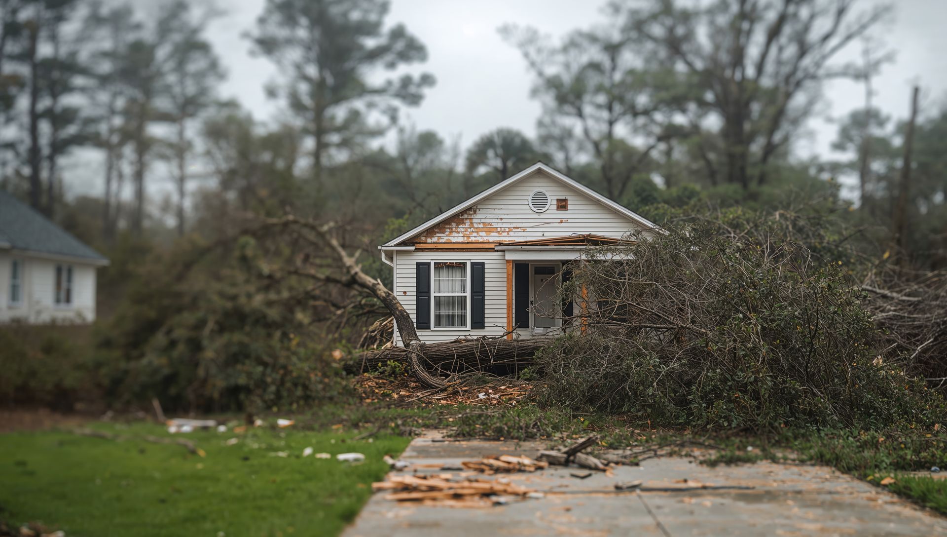 Suburban house with a large fallen tree blocking the driveway after storm damage