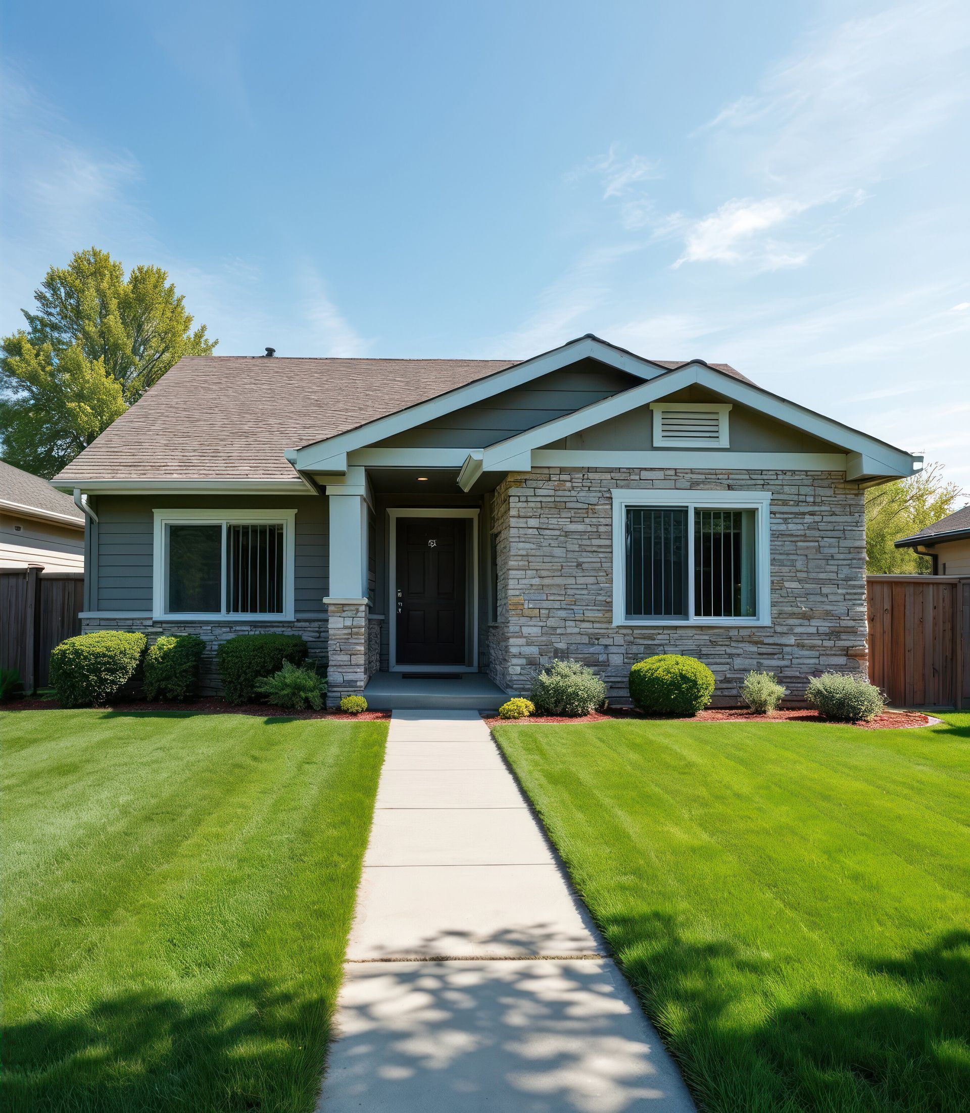 Single-story house with green lawn, concrete walkway, and blue-gray exterior under a clear sky
