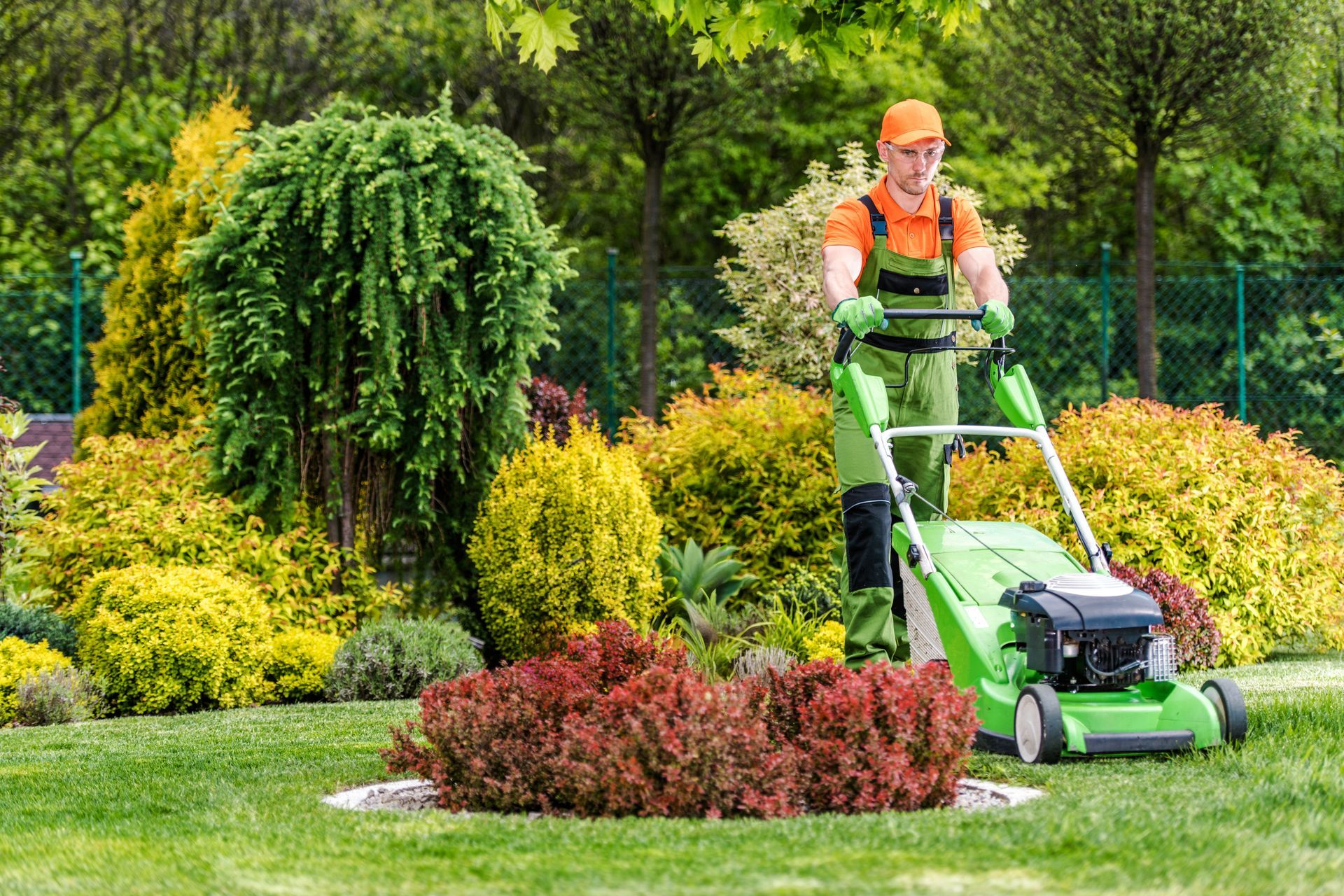 Person mowing a lush green lawn in a garden with shrubs and trees