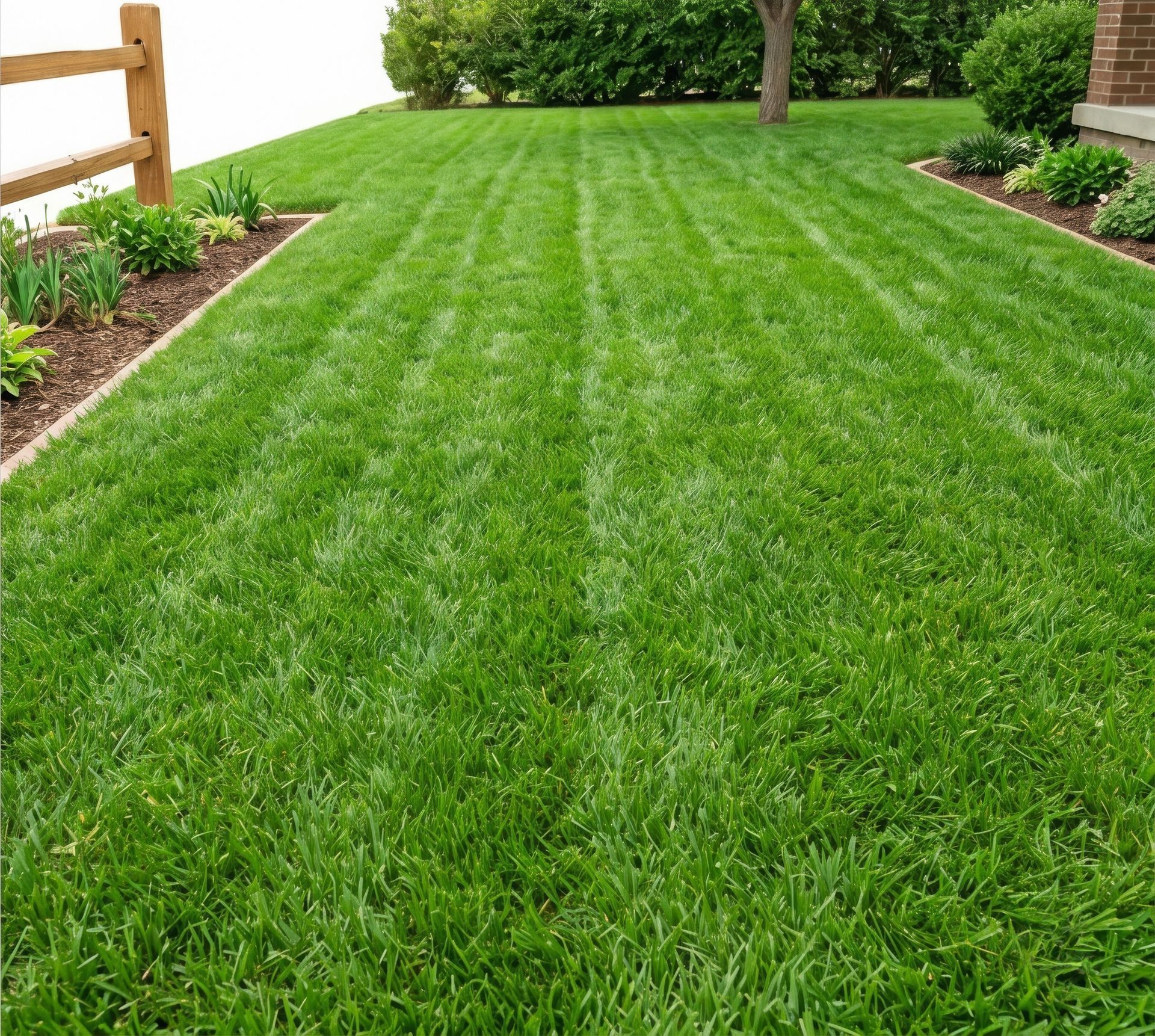 Freshly mowed green lawn with striped grass beside a wooden fence and landscaped garden beds
