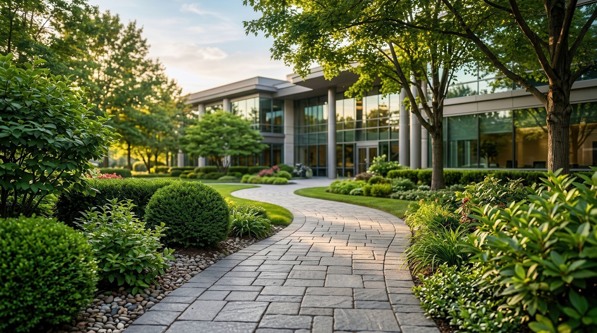 Modern building with glass windows, surrounded by lush greenery and a winding stone path in a landscaped courtyard