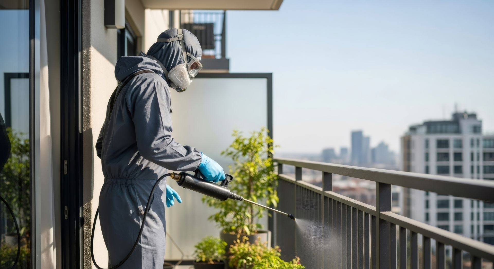A professional wearing protective gear provides commercial pest control services on a high balcony.