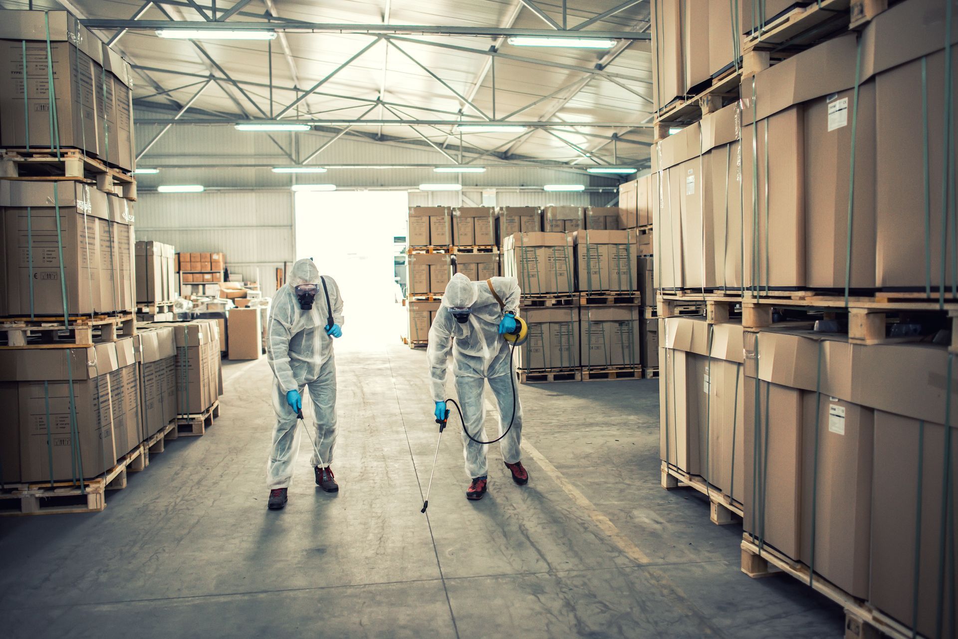 Workers disinfecting warehouse
