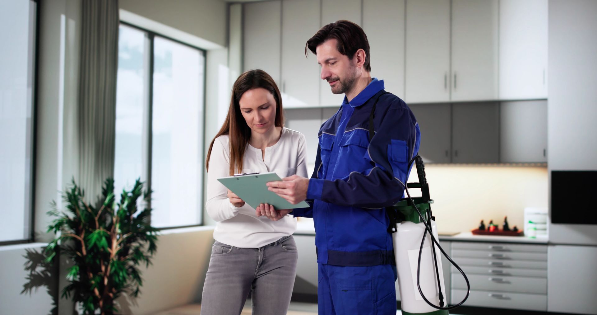 Commercial pest control worker explains invoice to woman in an office kitchen.