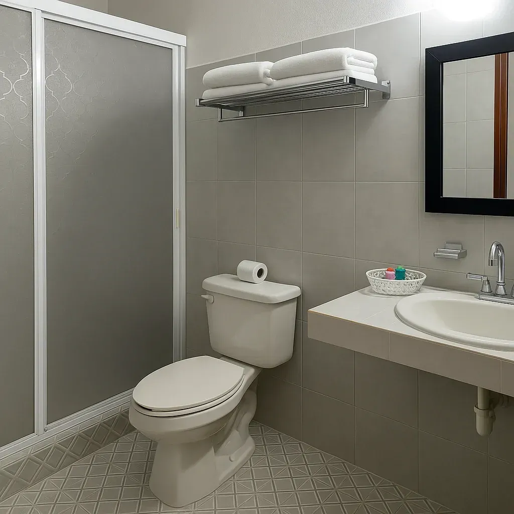 Baño con inodoro, lavabo, ducha y toallas. Paredes y suelo de azulejos grises.