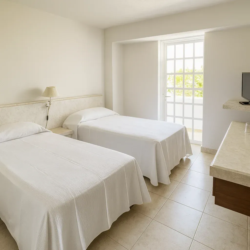 Dormitorio con dos camas individuales, sábanas blancas, paredes claras y puerta al balcón.