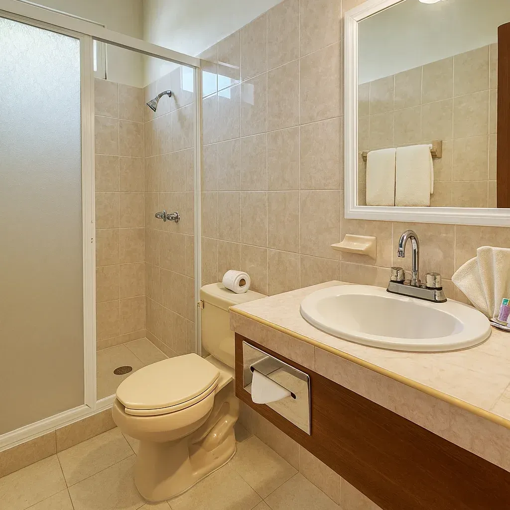 Un baño de hotel con inodoro beige, ducha a ras de suelo con puerta de cristal, lavabo con tocador y espejo de pared.