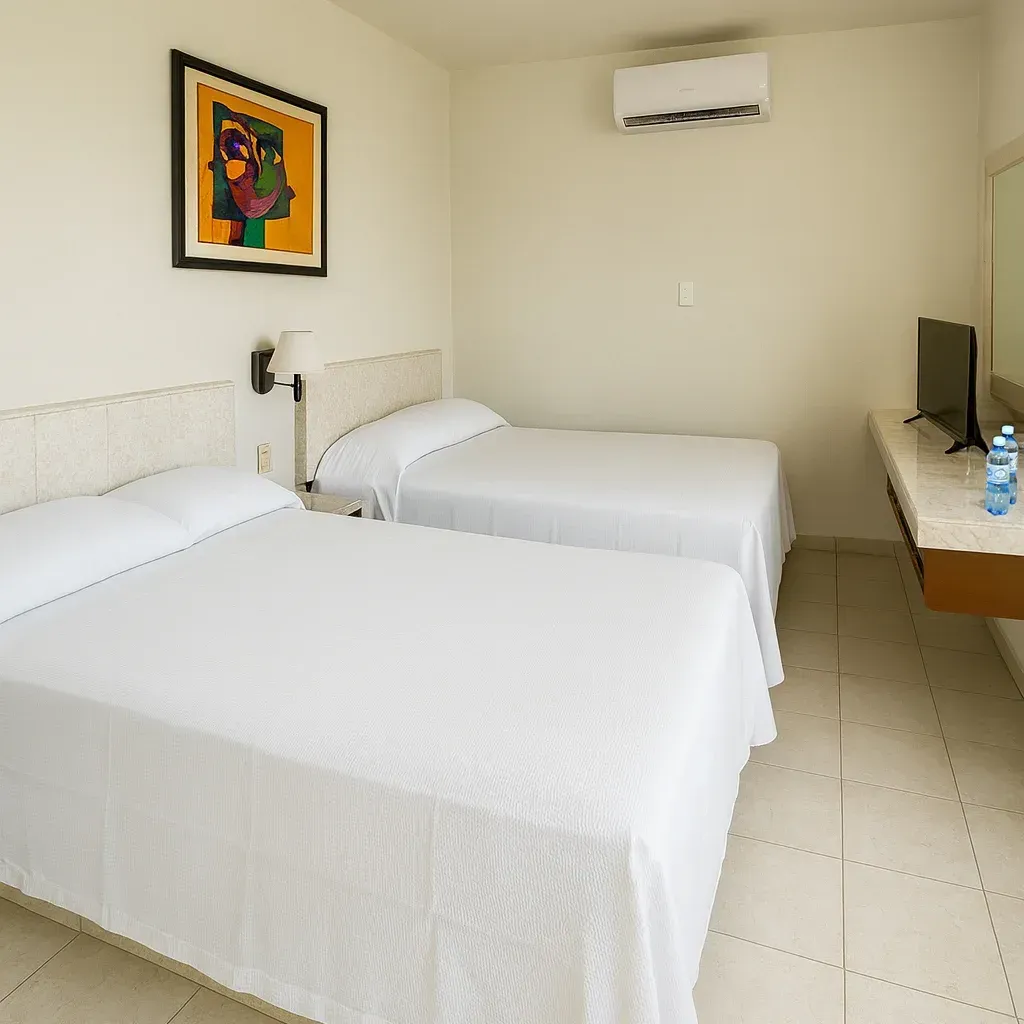 Una habitación de hotel con dos camas blancas, un cuadro colorido enmarcado en la pared, aire acondicionado y un televisor montado en la pared.