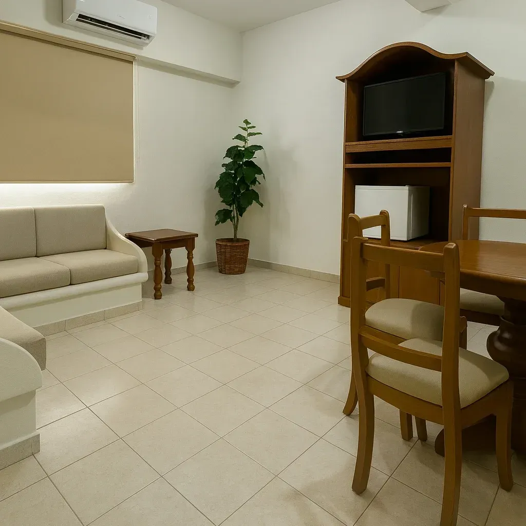 Una habitación de hotel de colores claros con un sofá beige, una mesita auxiliar, una planta verde en maceta y una mesa de comedor con sillas.