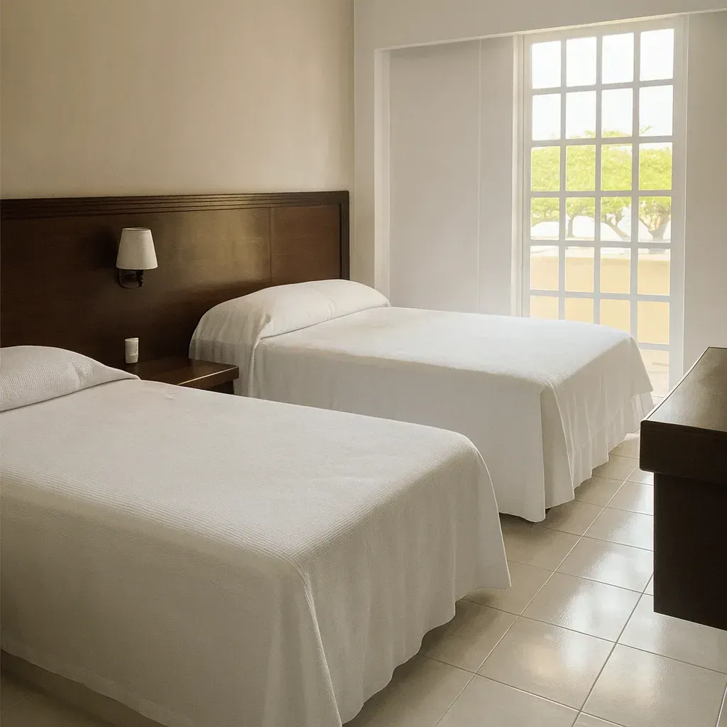 Habitación de con dos camas con sabanas blancas,  cabeceras cafes, escritorio, tv y puerta de cristal  con un balcón .