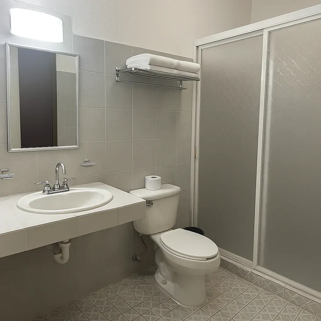 Un baño pequeño, de tonos neutros, con paredes alicatadas, lavabo, inodoro y ducha a ras de suelo con mampara de cristal.