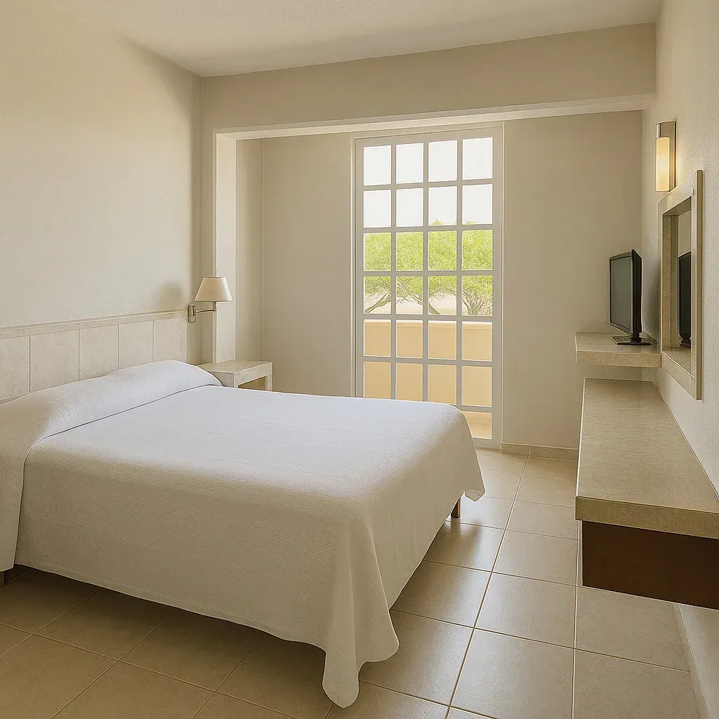 Habitación de hotel con una cama blanca, mesita de noche, ventana grande y escritorio largo con tv  contra la pared.