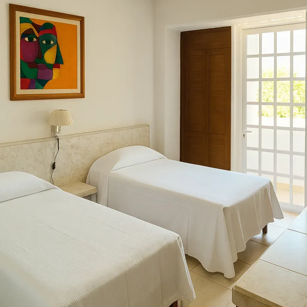 Un dormitorio con dos camas individuales con sábanas blancas, un colorido cuadro abstracto en la pared y una luminosa puerta que da al balcón.