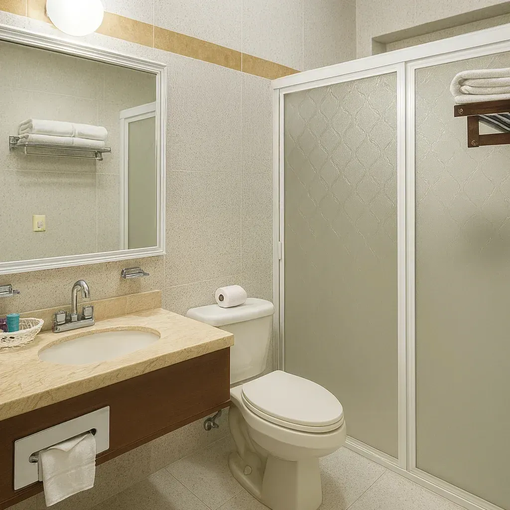 Un baño de hotel en tonos neutros con tocador, lavabo, inodoro y ducha con puerta de cristal y toallero de color beige.