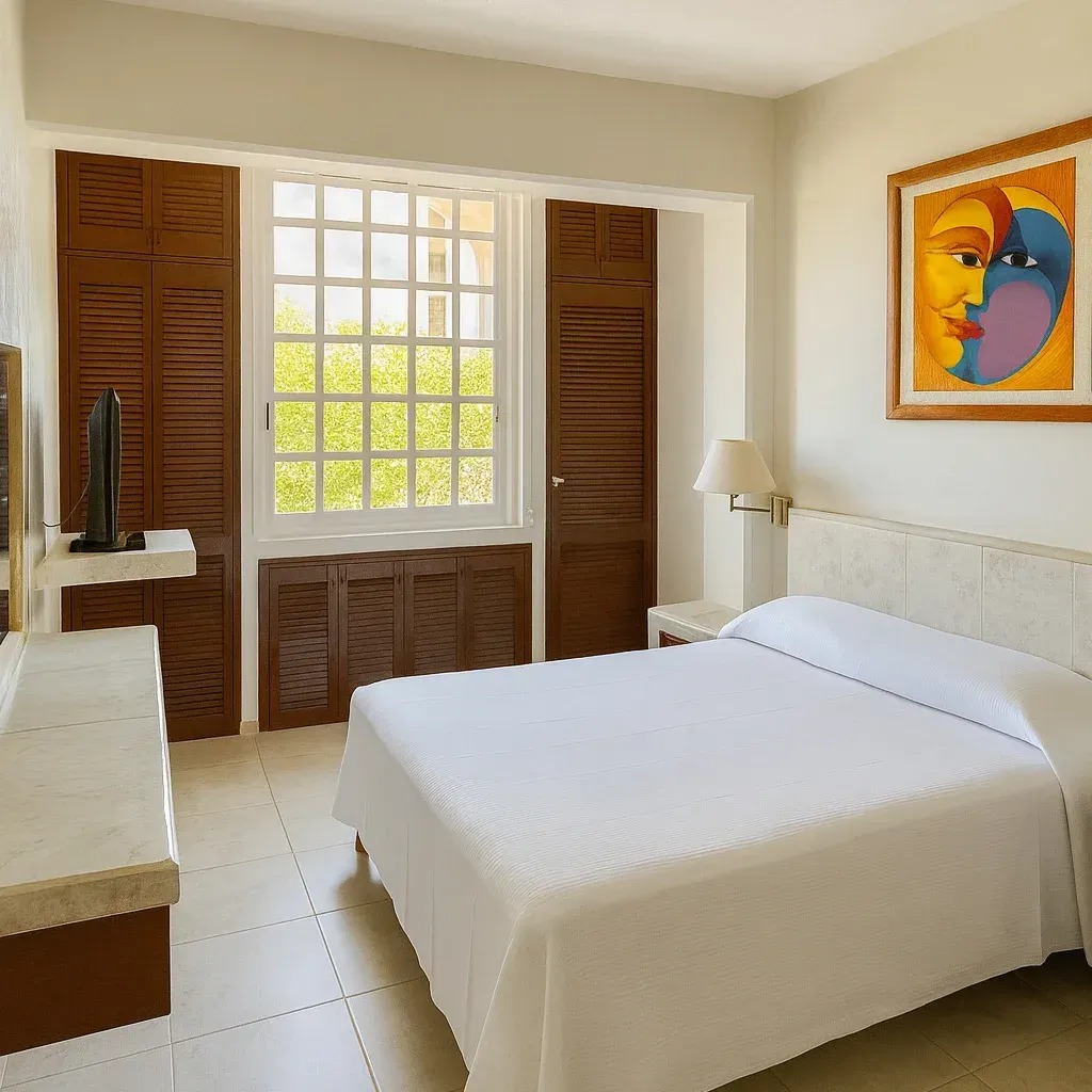 La luminosa habitación del hotel cuenta con una cama blanca, una ventana con contraventanas y un colorido cuadro abstracto del sol y la luna.