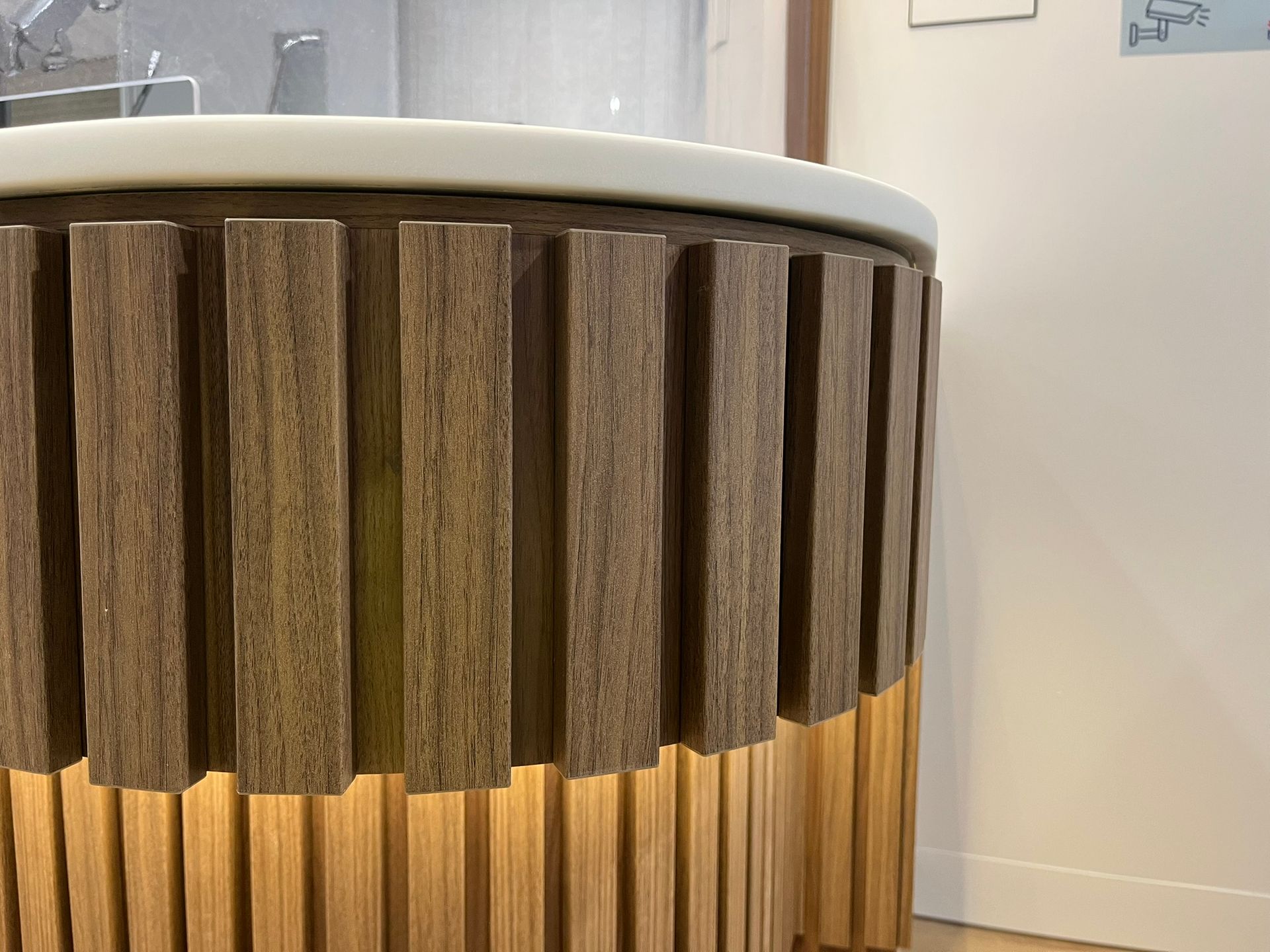 Round Wooden Reception Desk with Vertical Slats —  Zeal Interiors & Joinery in South Grafton, NSW