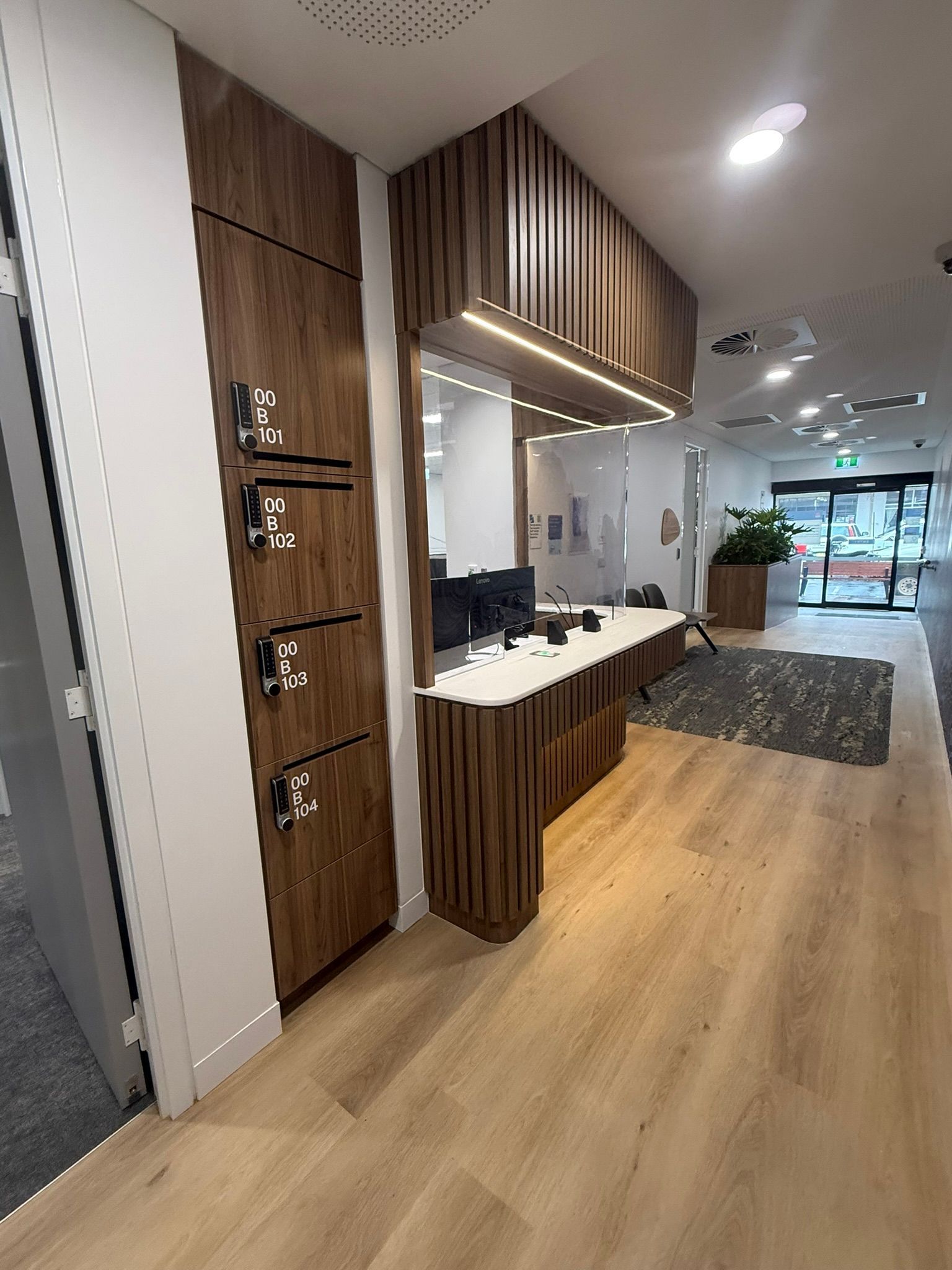 Modern Office Lobby with Wood Panel —  Zeal Interiors & Joinery in South Grafton, NSW