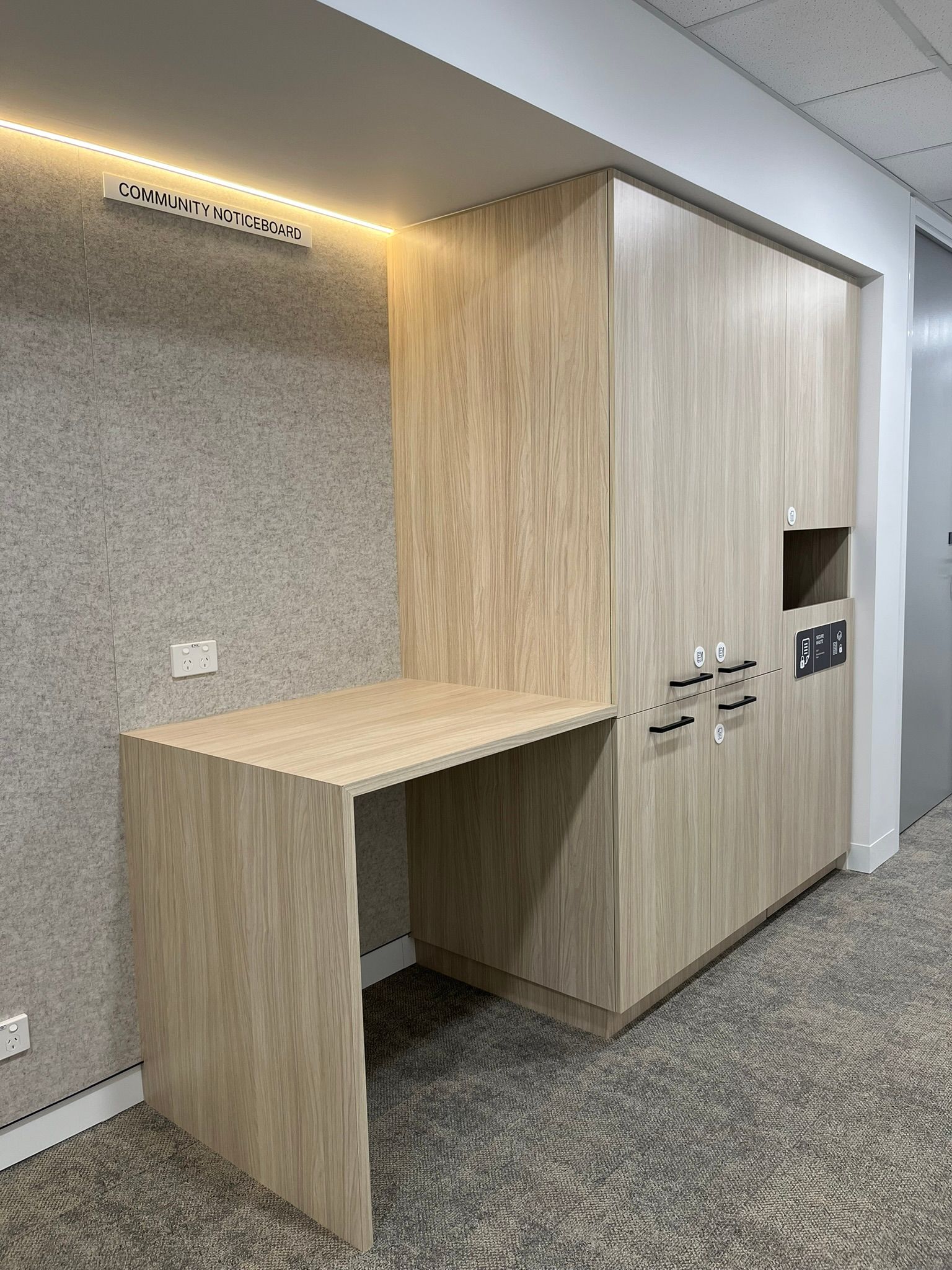 Built-In Wooden Workspace Nook in A Carpeted Hallway — Zeal Interiors & Joinery in South Grafton, NSW