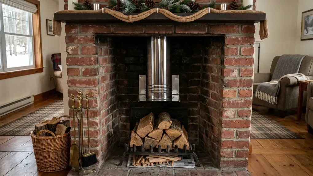 A clean stainless steel chimney liner ready for a winter fire setup
