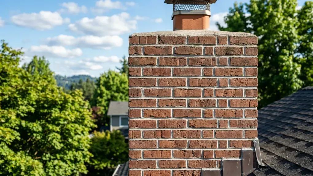 A close-up of a brick chimney showing clean mortar lines on a sunny day in Portland.