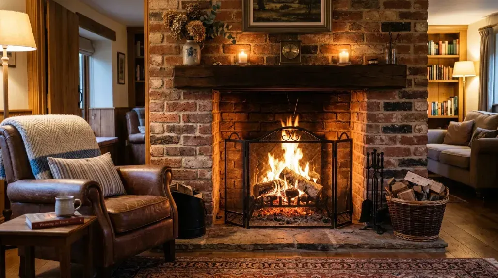 A cozy brick fireplace with a bright fire burning safely inside a living room