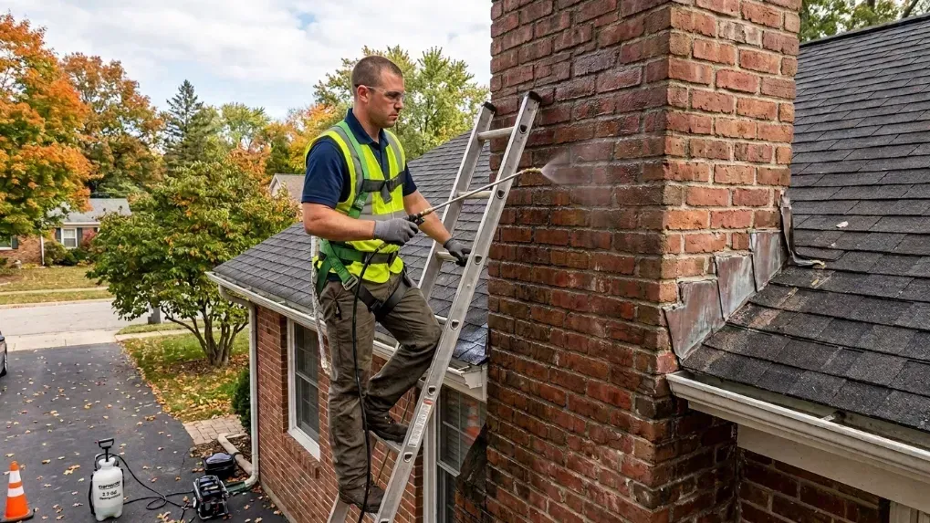 A professional technician applying a clear waterproofing spray to an exterior brick chimney