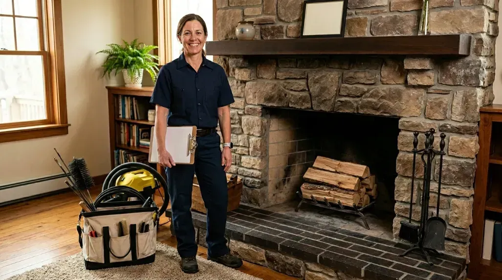 A smiling certified chimney technician standing next to a clean and safe fireplace