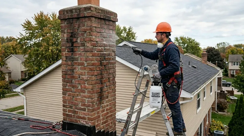 A technician applying a clear waterproof spray to a tall outdoor brick chimney