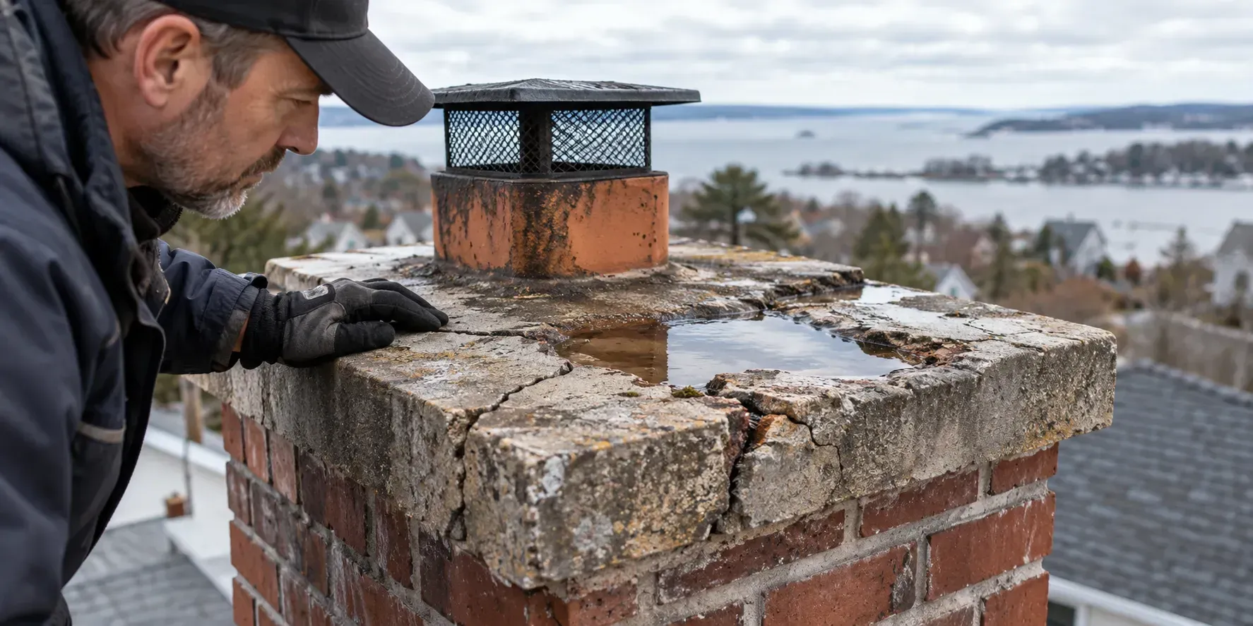 Cracked concrete chimney crown with water pooling in the crevices during a rooftop inspection.