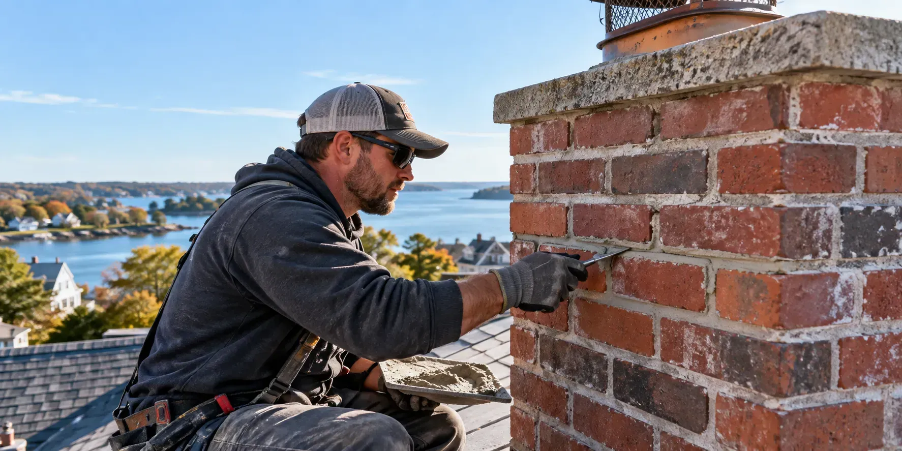 Masonry professional tuckpointing new mortar into the joints of a brick chimney on a residential rooftop.