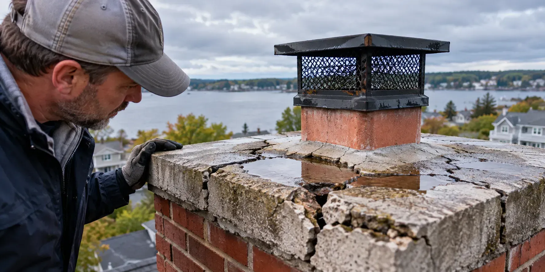 Close-up of a cracked concrete chimney crown with water pooling in the crevices after rain
