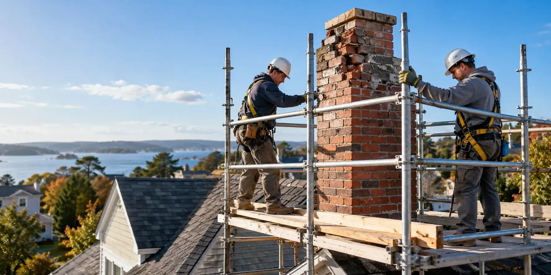 Masonry professionals setting up scaffolding around a heavily deteriorated residential brick chimney in preparation for a partial rebuild, with workers wearing safety gear on a rooftop.