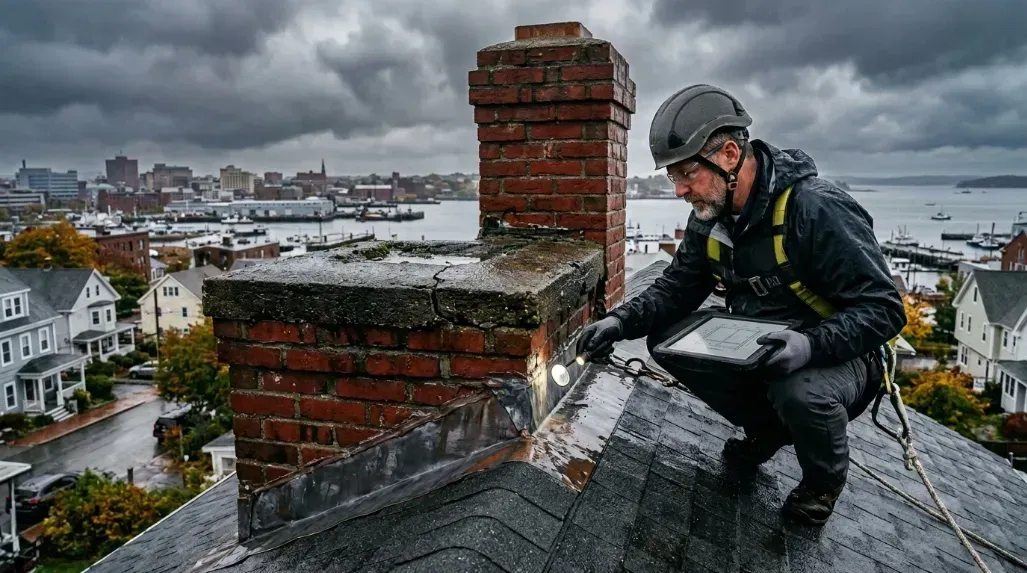 Portland ME chimney crown and flashing inspection after coastal rain