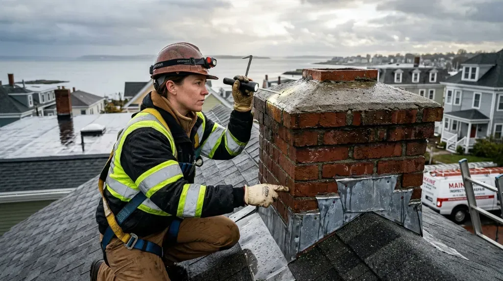 Portland ME chimney crown and flashing inspection after coastal rain