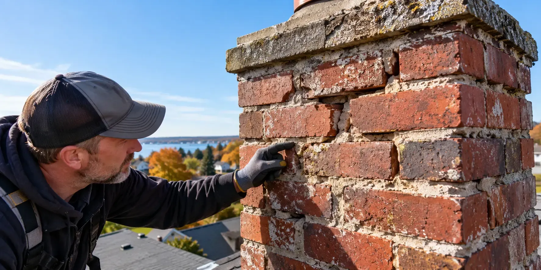Chimney inspector checks weather-damaged red bricks and missing mortar joints on a rooftop.