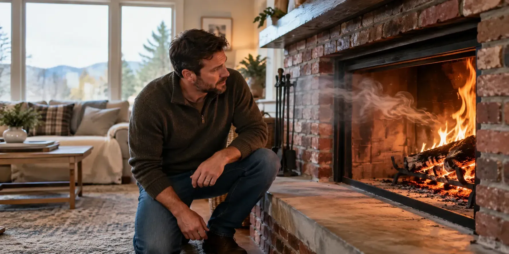 Cozy brick fireplace with roaring fire and smoke drifting into a warm living room.