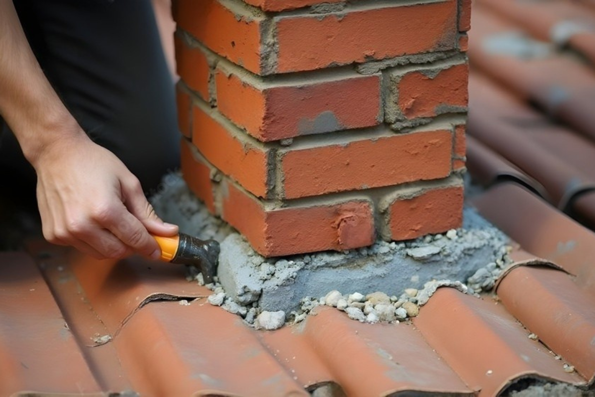 Person applying sealant around a brick chimney on a red tiled roof.