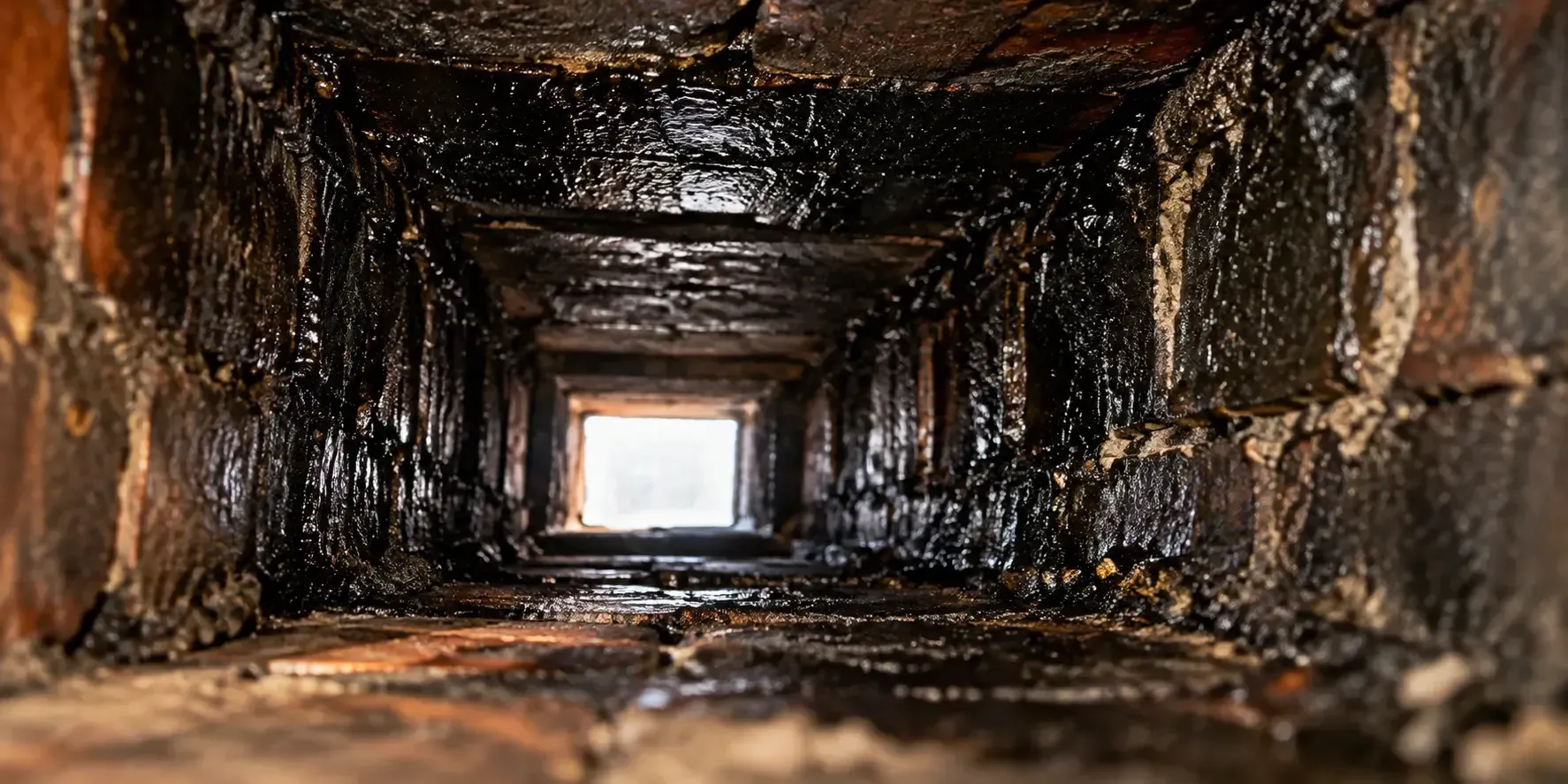 Dark, shiny creosote buildup coating the brick walls inside a masonry chimney flue.