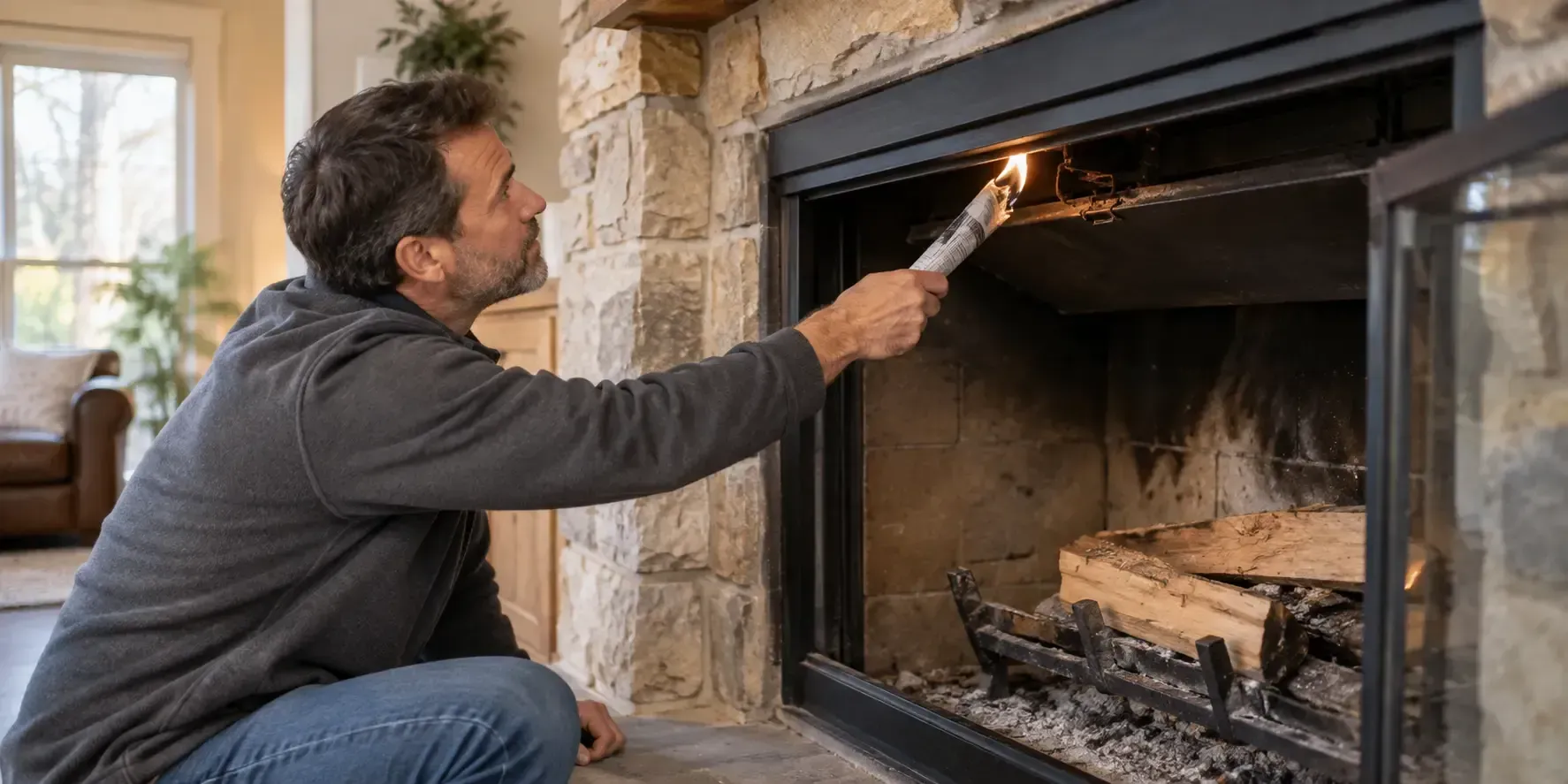 Homeowner holding a lit rolled newspaper near an open fireplace damper to prime the chimney flue.