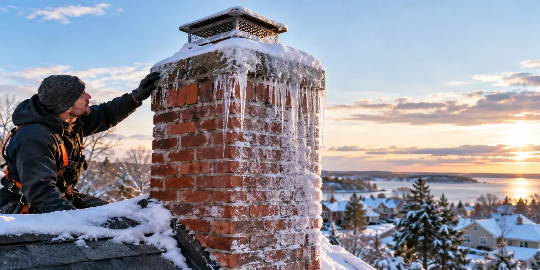 A frost-covered brick chimney with hanging icicles and snow on a winter rooftop, as a chimney inspector examines the masonry against a snowy landscape at sunset.