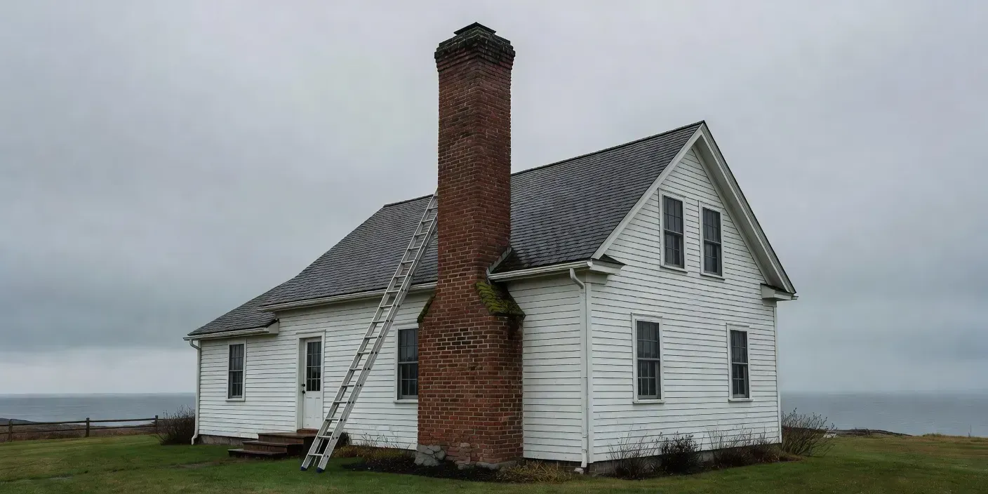 brick chimney on a Portland Maine colonial home under gray coastal sky with ladder staged safely beside the roof
