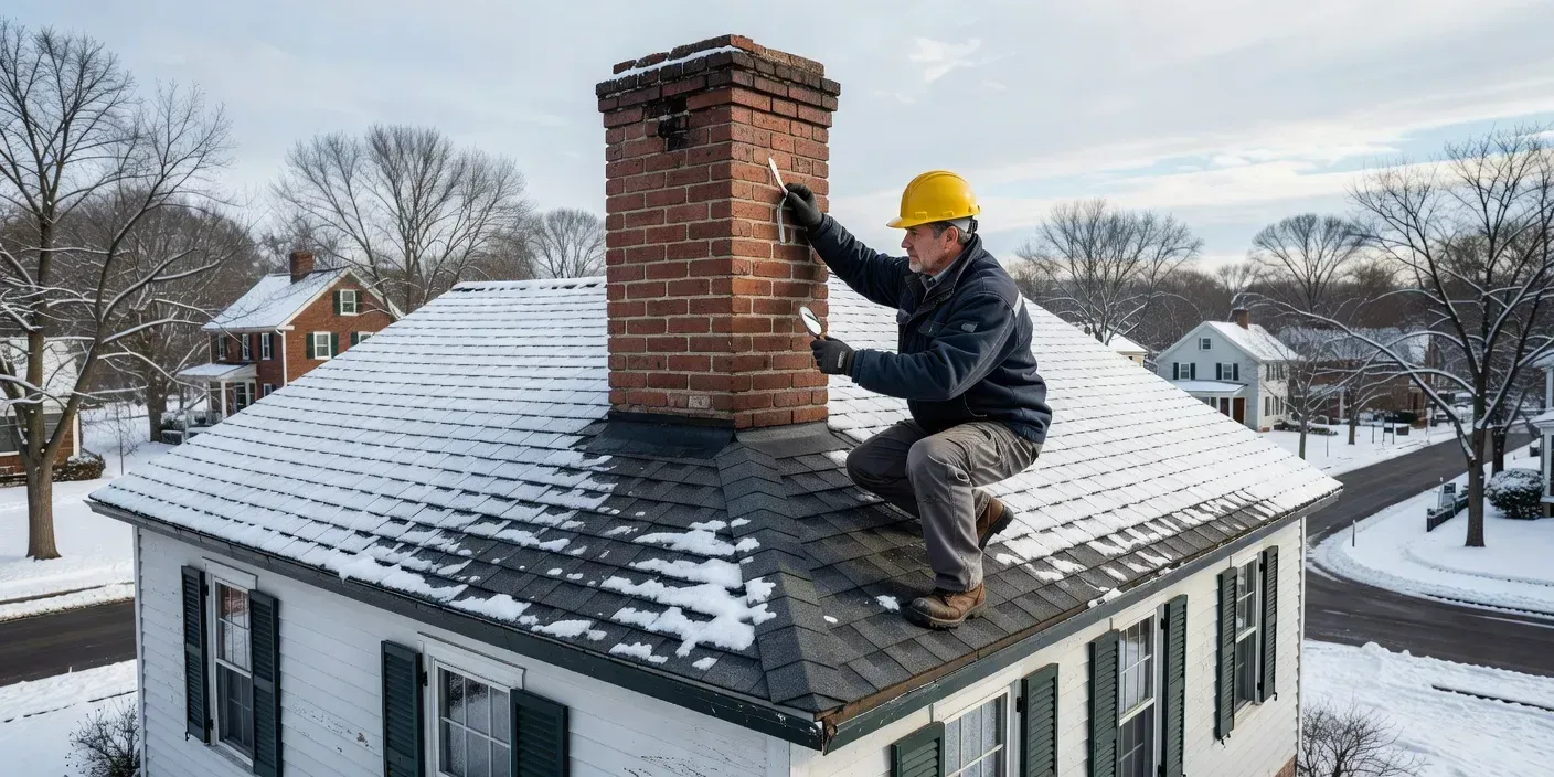 brick chimney on a Portland Maine colonial home with a technician on the roof inspecting the crown after light snow