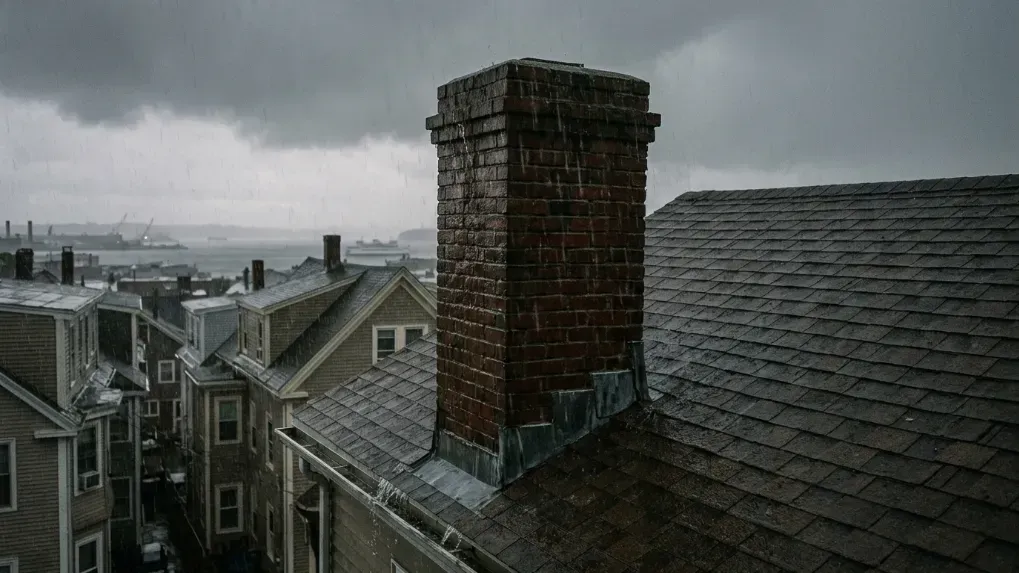 brick chimney on a Portland, Maine rooftop during a heavy rainstorm 