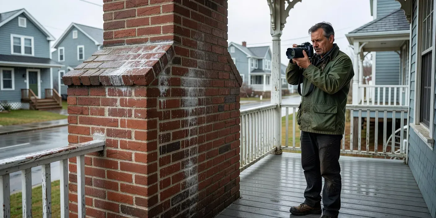 homeowner on a Portland Maine porch photographing white stains on brick chimney chase after rain
